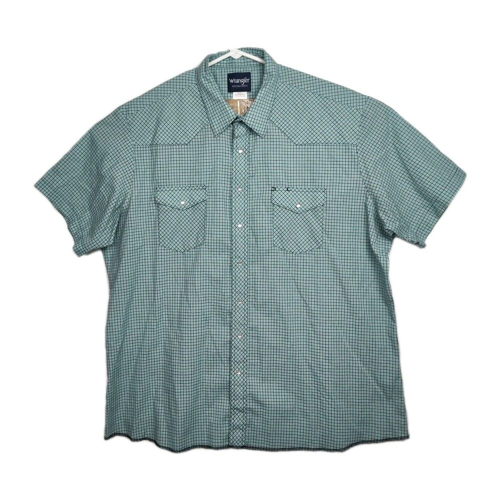 Wrangler Western Shirts Pearl Snap Shirt Men's 3XT Blue/Black Plaid Short Sleeve